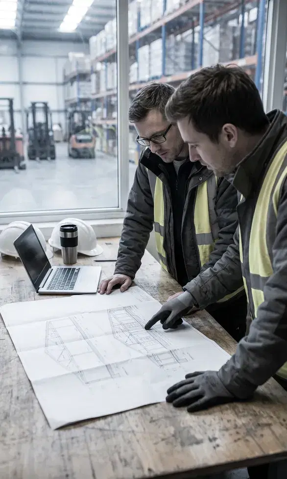 Two engineers at a site table studying a large printed structural elevation drawing of steel racking, a laptop and hard hats beside it