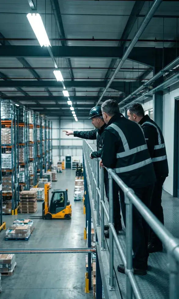Three operations managers at the railing of a mezzanine walkway, looking out over a working warehouse floor below