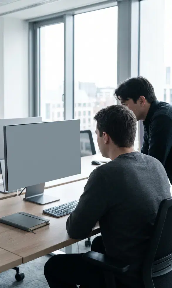 Over-the-shoulder view of a software engineer at a two-monitor workstation, the screens glowing and out of focus