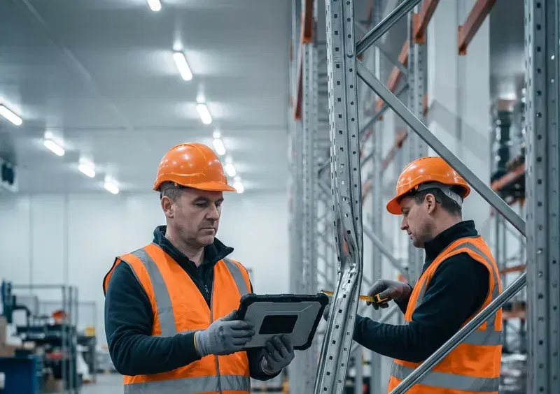Two engineers in high-visibility vests examining a deformed steel racking upright inside a cordoned warehouse bay, one photographing it with a rugged tablet