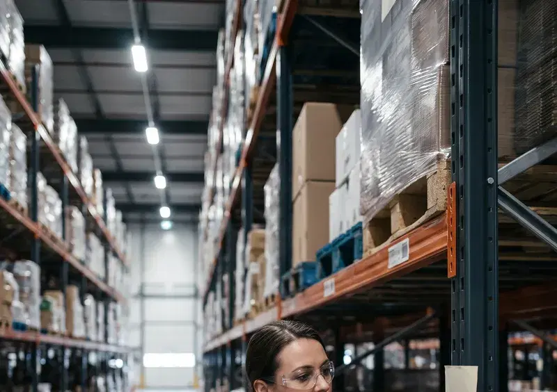 A warehouse inspector holding a rugged scanner up to a blank label on a racking upright, a long aisle of identical bays behind
