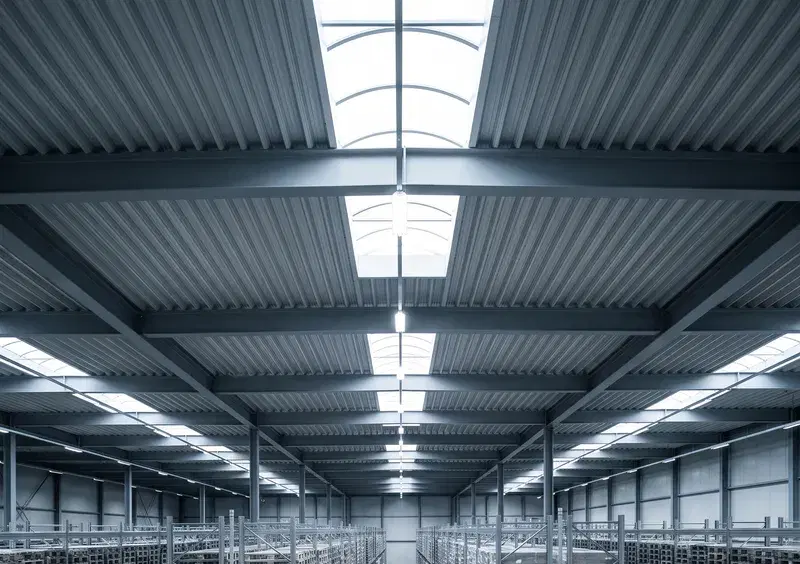 A warehouse seen from a high mezzanine, racking rows running away in strict parallel with the aisles clear