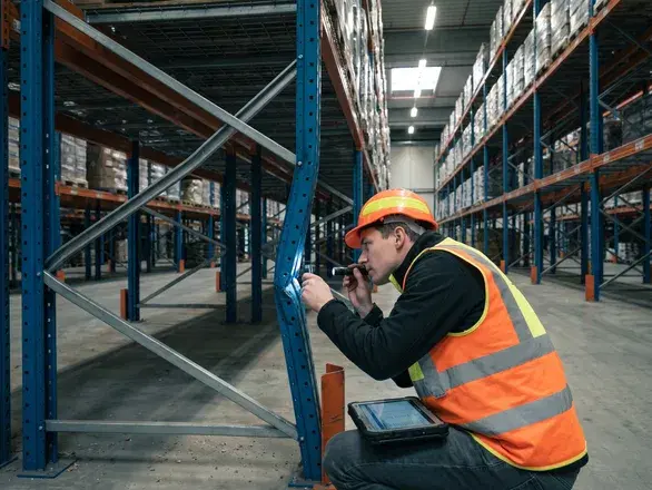 An engineer in a high-visibility vest crouched at the base of a warehouse racking frame, examining a bent steel upright