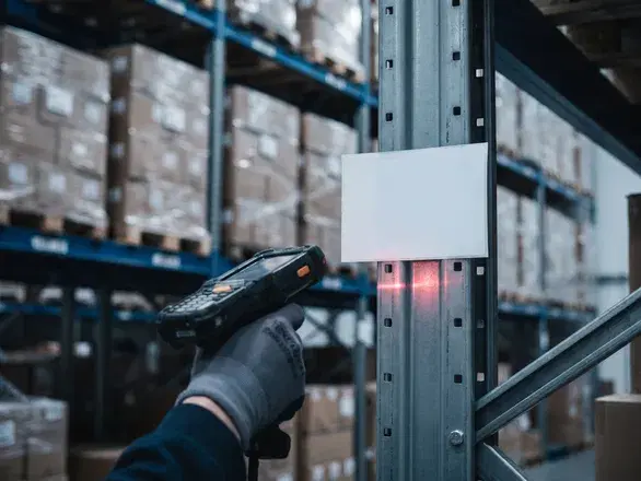 A gloved hand holding a rugged scanner up to an asset label fixed to a racking upright