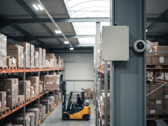 A sensor unit and camera mounted high on a warehouse column, with a forklift crossing an aisle below