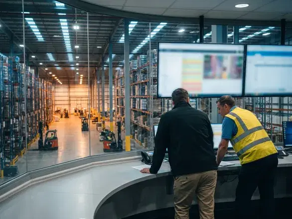 Two operations staff at a warehouse-floor control desk, the racking visible through the glass behind them