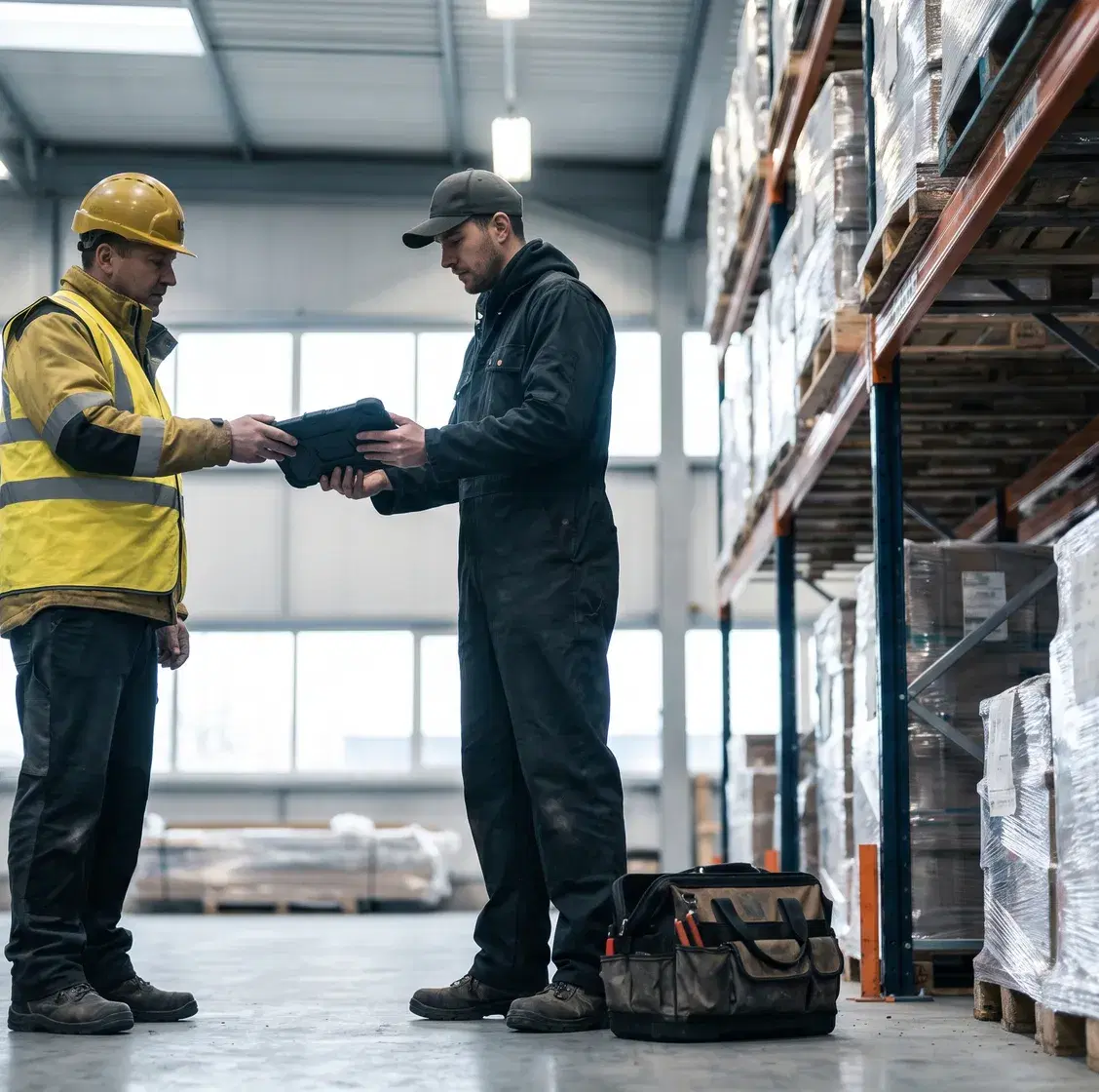 A warehouse supervisor handing a rugged tablet across to a maintenance technician, a tool bag at their feet