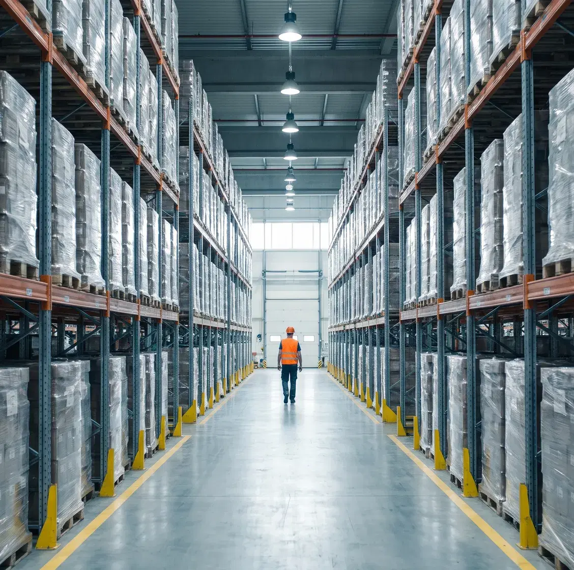 A clean warehouse aisle seen straight down its centre line, racking rising on both sides and one worker walking away in the distance