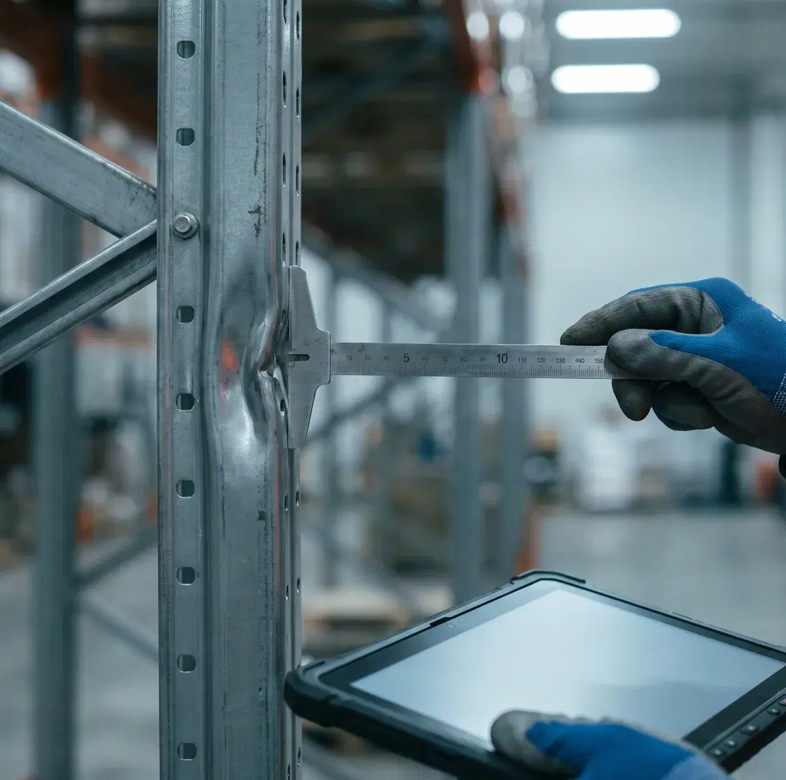 A gloved hand holding a measuring gauge against a dented steel racking upright, a rugged tablet in the other hand
