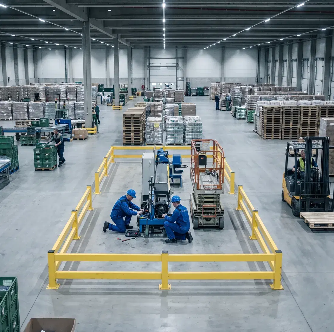 A warehouse floor seen from above, one area cordoned with safety barriers and worked on by two technicians while the rest of the building operates
