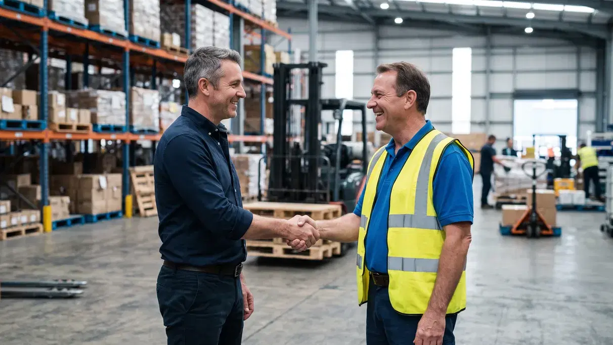 Two people shaking hands and smiling on a warehouse floor, one in a high-visibility vest, racking and a forklift behind them