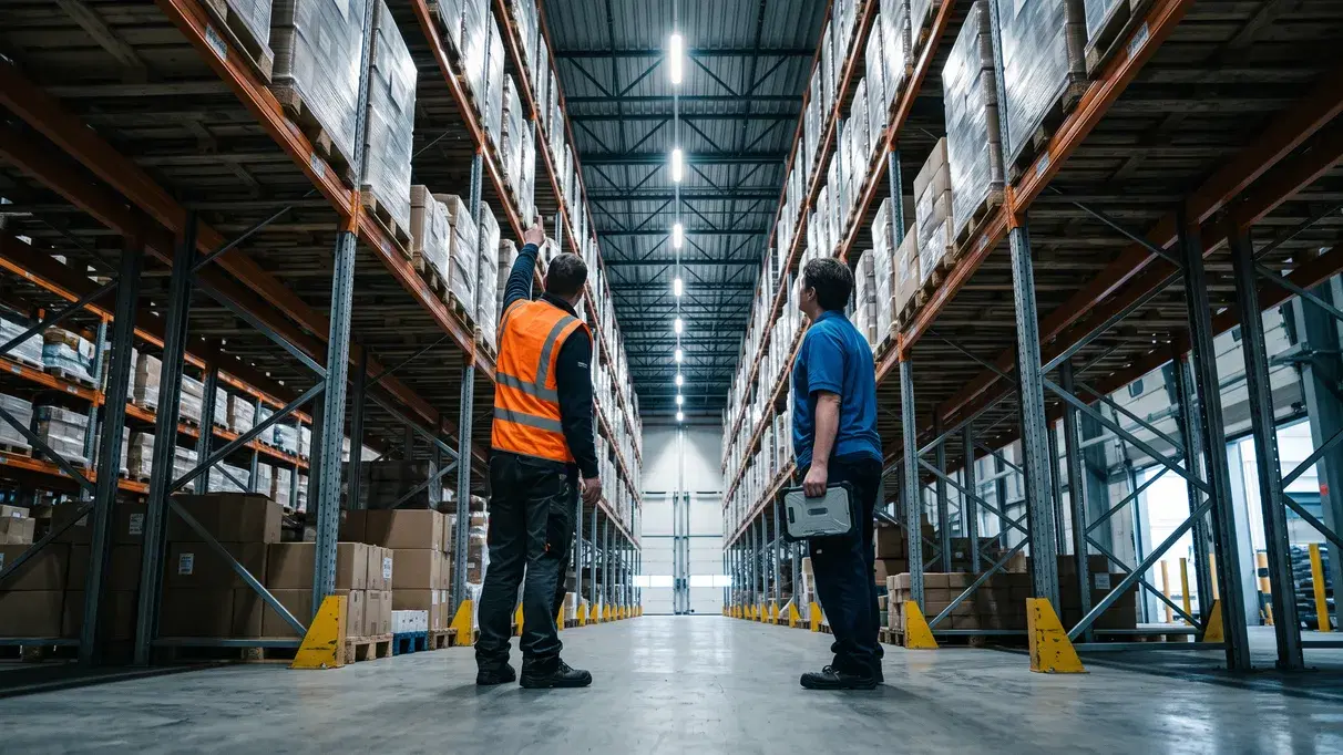 Two people in a warehouse aisle looking up at the high racking, one in a high-visibility vest pointing at a bay