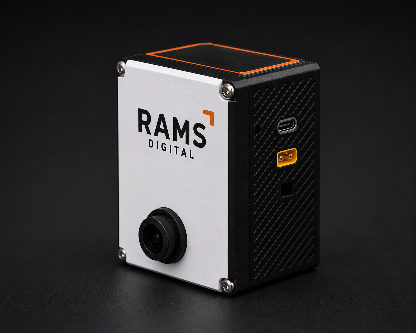 The RAMS AI Camera — machined aluminium housing, white faceplate, single lens