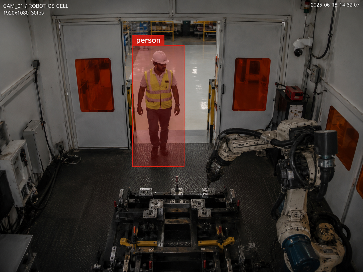 Camera view inside a robotic cell: a worker walking in through the door