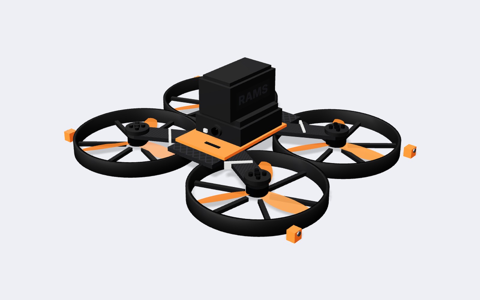 AirScan concept model: an inspection drone with four ducted prop guards and its battery stacked on top