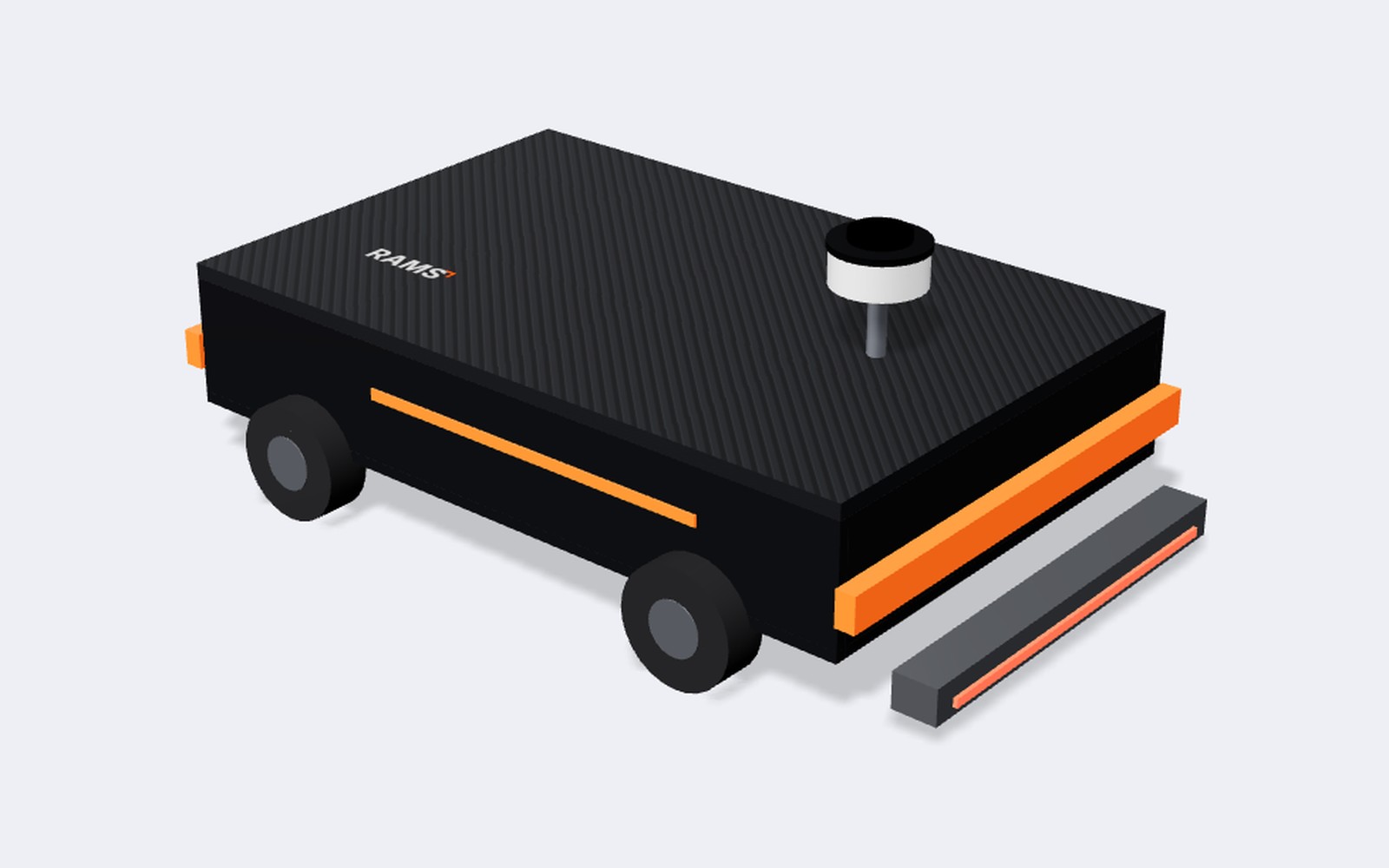 FloorScan concept model: a low floor robot with a radar unit underneath and a LiDAR on top