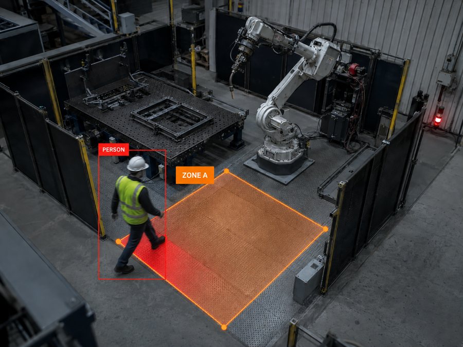 A worker walking into a marked zone in a robot cell