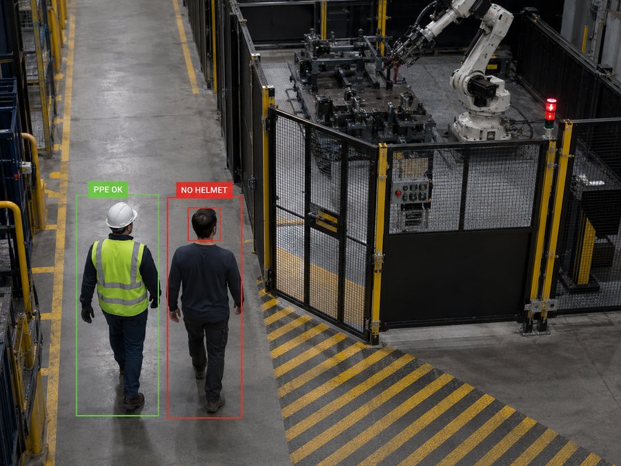 Two workers in a walkway, one flagged without a helmet