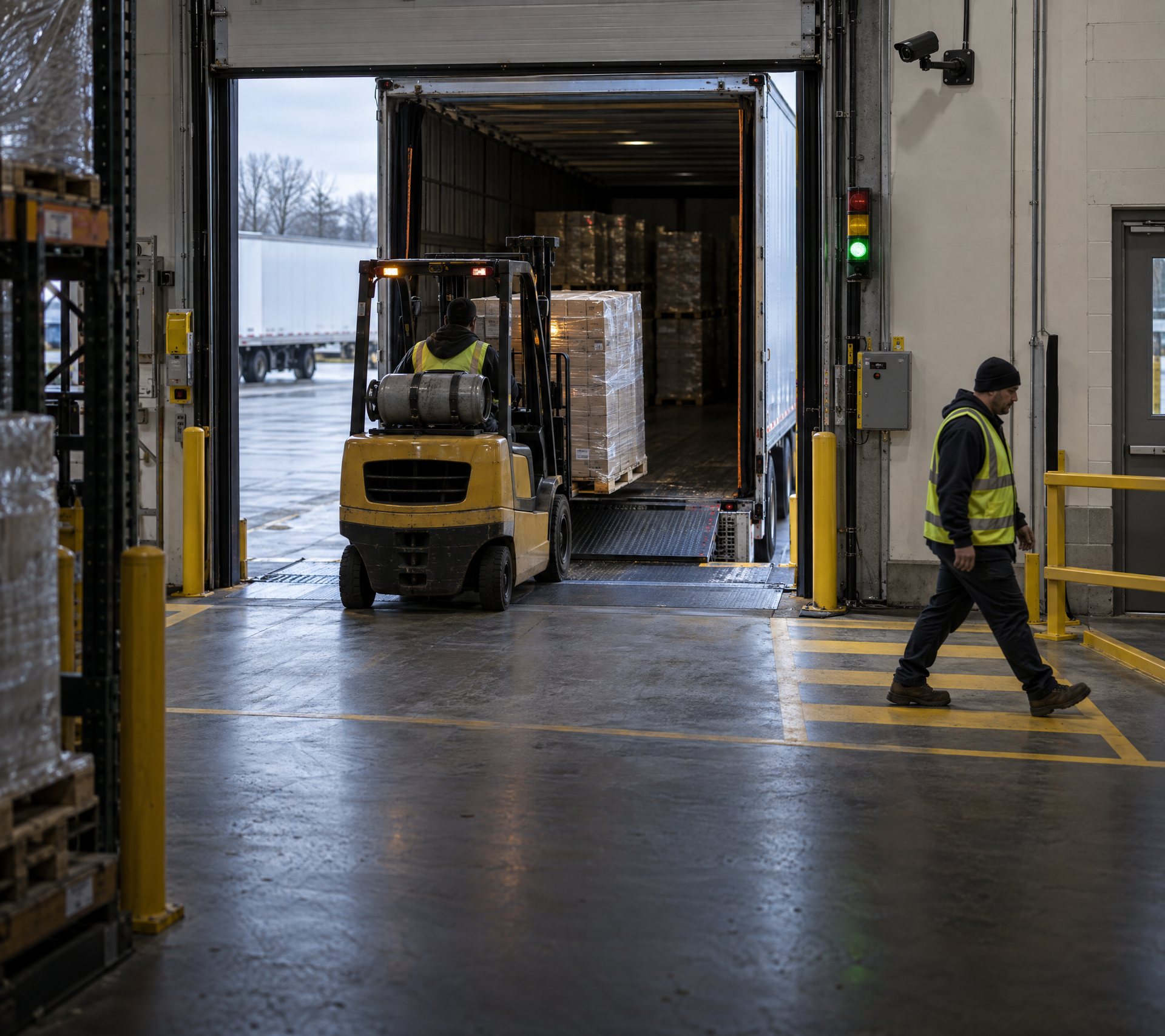Dock door with a forklift and a pedestrian walkway