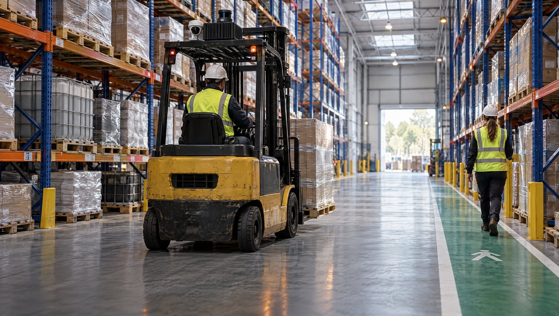 Forklift in a warehouse aisle