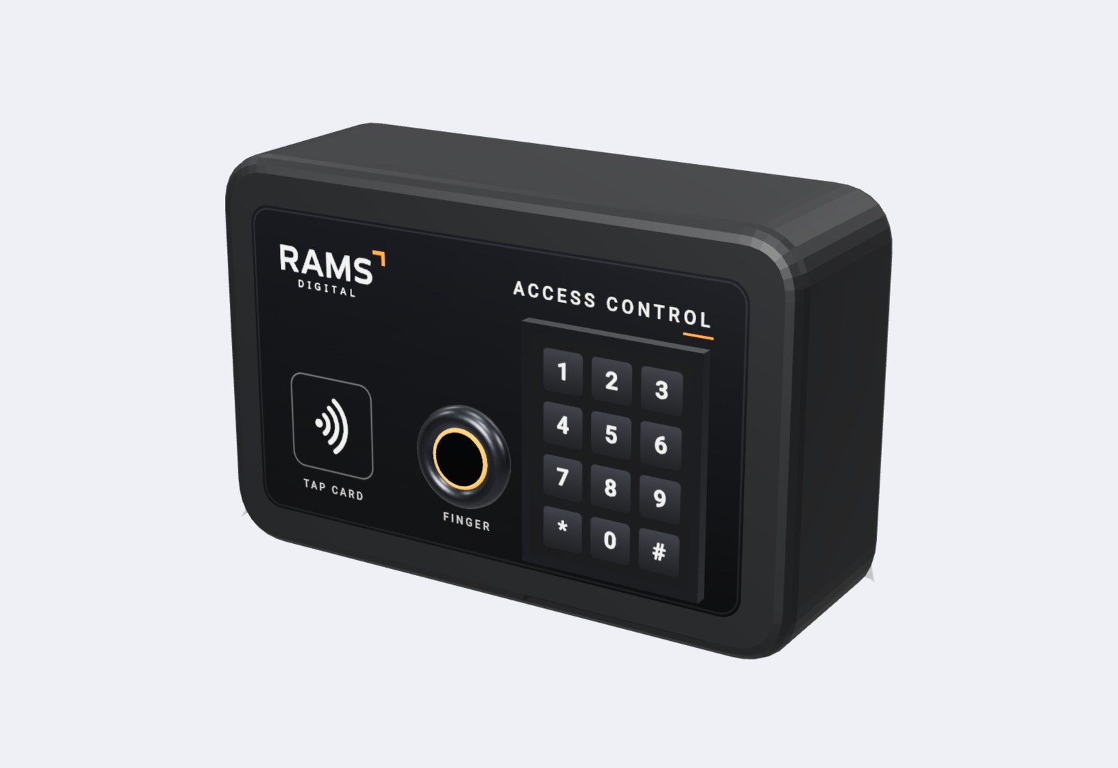 RAMS Access Control unit: blue faceplate with RFID reader, fingerprint sensor and keypad