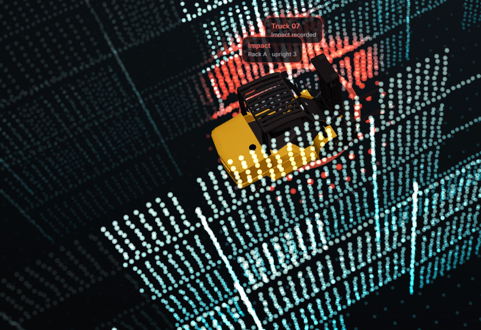 LiDAR view of a forklift clipping a rack upright, with the impact marked