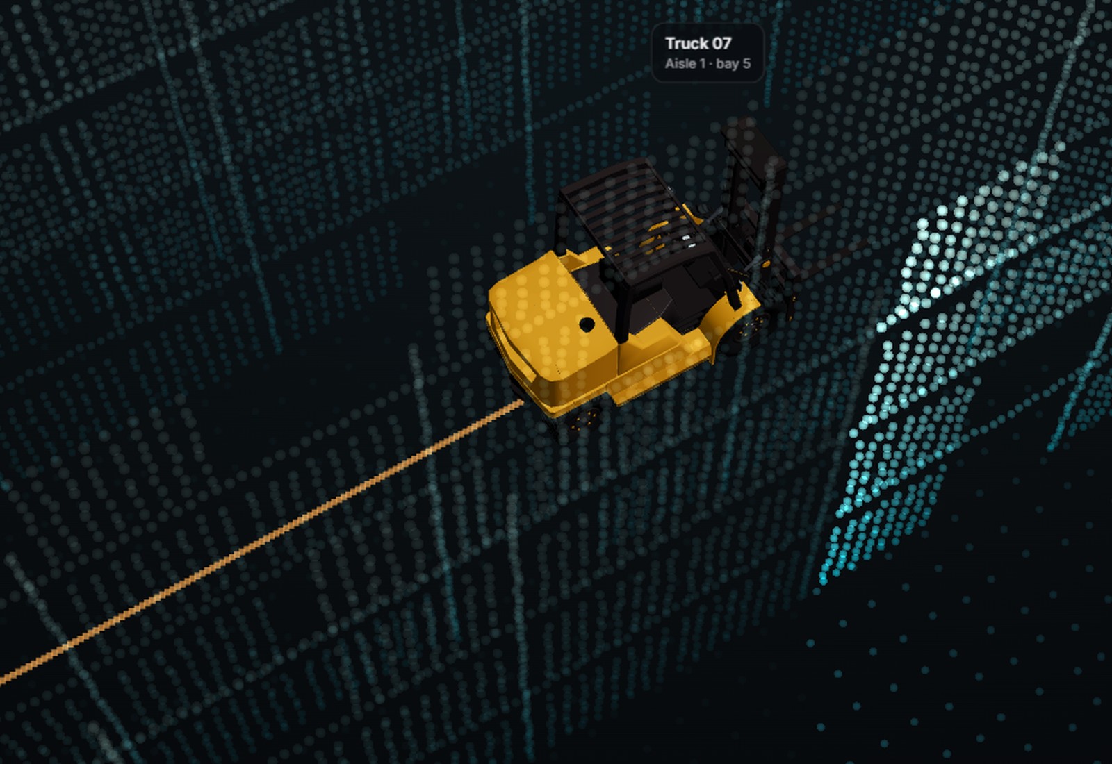 LiDAR view of a forklift with its position and trail marked on the floor