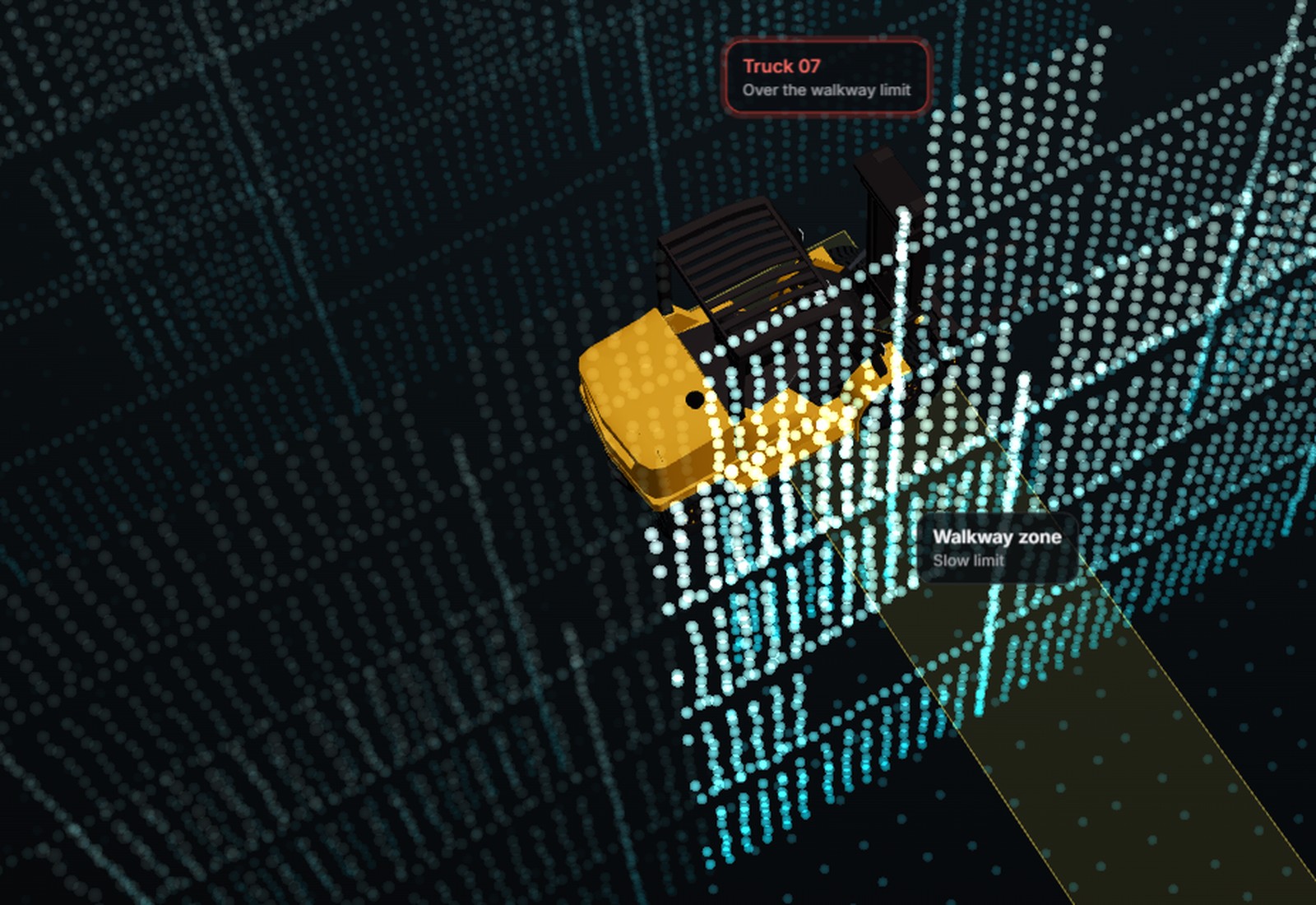 LiDAR view of a forklift entering a slow zone marked on the floor